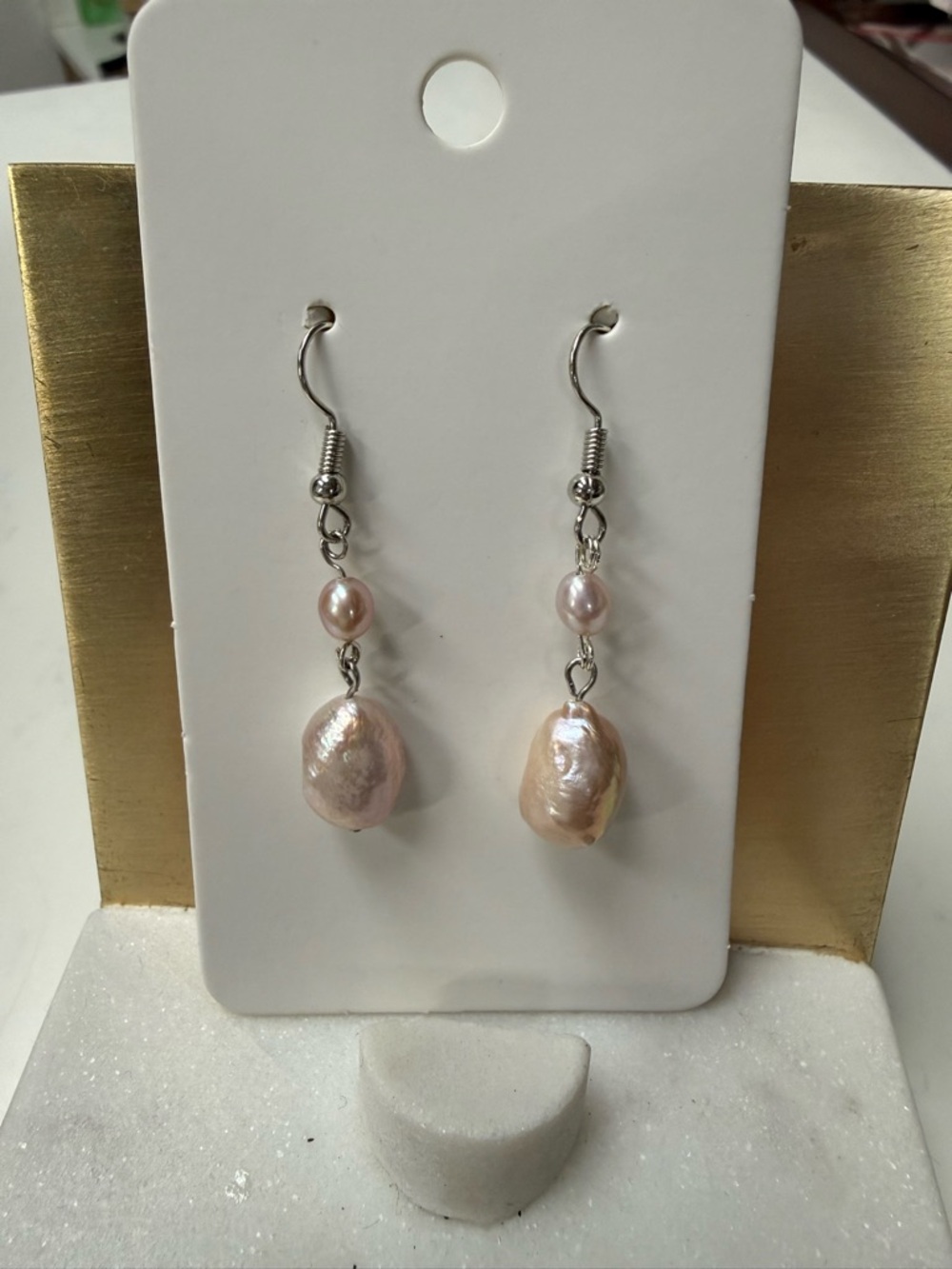 Pearl Drop Dangle Earrings - Pink Freshwater Pearl